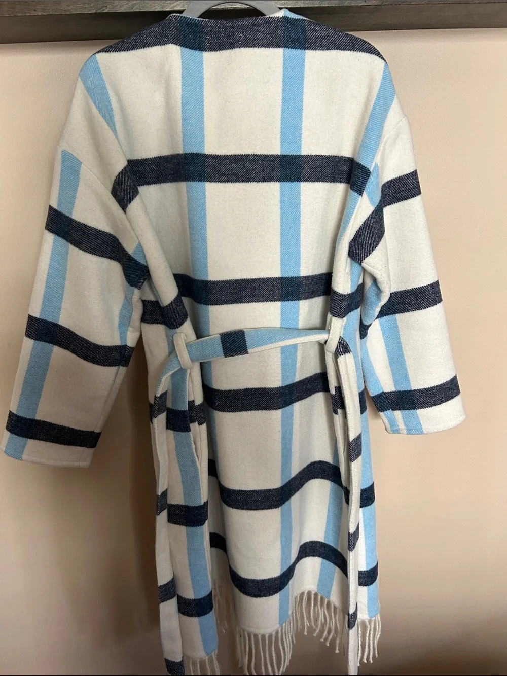 Striped Belted Fringe Multi coat in White, Light Blue & Navy (worn 2x)